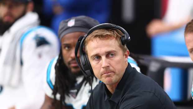 Sep 22, 2019; Glendale, AZ, USA; Carolina Panthers running backs coach Jake Peetz against the Arizona Cardinals at State Farm Stadium. Mandatory Credit: Mark J. Rebilas-USA TODAY Sports